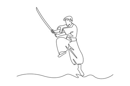 Single one line drawing human samurai warrior balancing on one leg while holding katana diagonally upwards. Intense focus and dynamic movement. Continuous line draw design graphic vector illustrationのイラスト素材