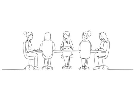 Continuous one line drawing five professional women sitting at long table for meeting. Female colleagues and leader in focused boardroom discussion. Single line draw design vector graphic illustrationのイラスト素材
