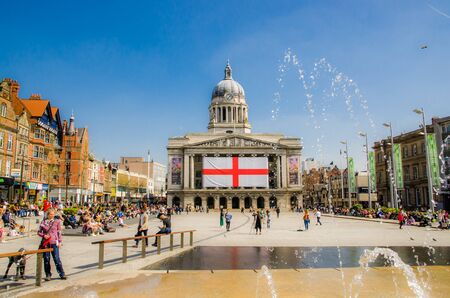 Nottingham, England April 21 2015. City square showing England flagのeditorial素材