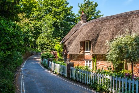 Dorset cottage with a thatched roof in summer. Next to a road with a white fenceの写真素材