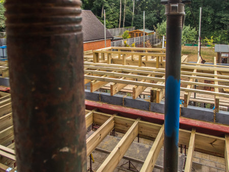 Roof construction of wood on house construction site.の写真素材