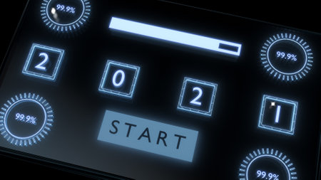 Close up, futuristic glass screen with progress bar and number 2021. Technical concept for countdown...