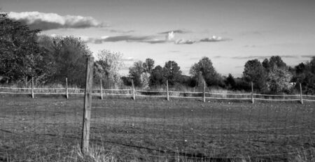 scenic black and white shot of farming land and fence lineの写真素材