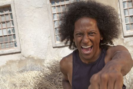 An african american male gestures for the cameraの写真素材