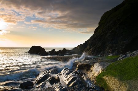 Atlantic waves crashing on the Cornish coastline in the UK.
