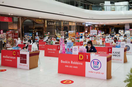 Pinklao, Bangkok/Thailand - April 7, 2020: Rows of various restaurants for take and deliver food orders, no sit in allowed, during COVID-19 outbreak in the Central Department Store Bangkok Thailandのeditorial素材