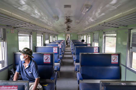 Sakaeo/Thailand - June 14, 2020: Social distancing for COVID-19 pandemic counter measure in a passenger bogey of the train by labeling and allow 1 seat for 1 personのeditorial素材