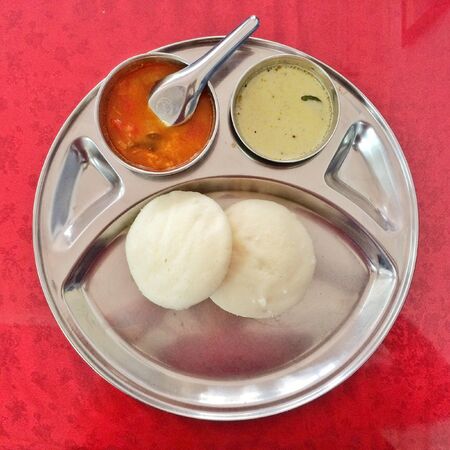 Idli with chutney and sambar