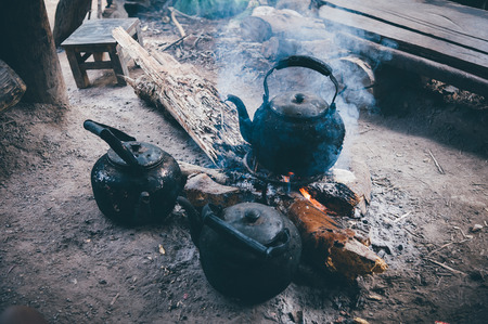 Old vintage retro Kettle Which kettle made of aluminum materials, Kitchen appliancesHot boiling kettle letting out some steamOld kettle, Old pot with boiled waterの写真素材