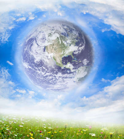 earth globe with white cloudsの写真素材