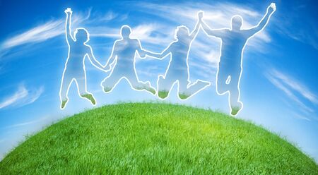 people holding with hands and jumpingの写真素材
