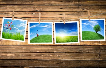 ecology pictures on a clothes lineの写真素材
