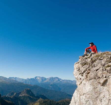 man hiking in a mountainの写真素材