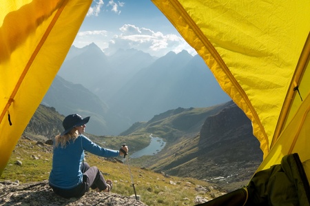 woman hiking in the mountainの写真素材