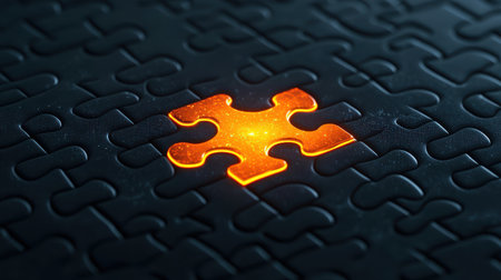 Illuminated Puzzle Piece on Dark Background Symbolizing Uniqueness, Problem Solving, and Individual Contribution in Complex Settings and Challengesの素材
