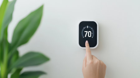 Modern touch screen thermostat adjustment with hand, indoor plant, temperature setting, minimalist home design, energy efficiency concept, smart home technologyの素材