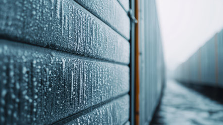 Close-Up of Rain-Drenched Industrial Wall with Water Droplets, Soft Focus on Containers in a Foggy Urban Environmentの素材