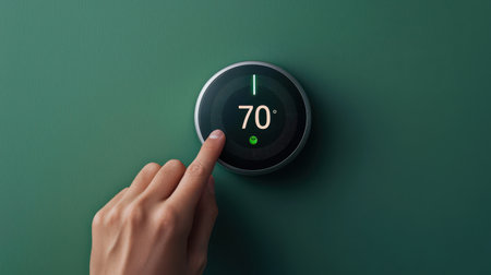 Modern Smart Home Thermostat with Digital Display at 70 Degrees Fahrenheit on Green Wall Featuring a Hand Adjusting Temperature Settingsの素材