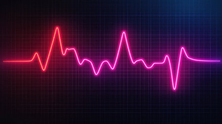 Vibrant Electrocardiogram Pulse in Neon Colors on Dark Background Representing Heartbeat and Vital Signs of Life with Modern Digital Aestheticの素材