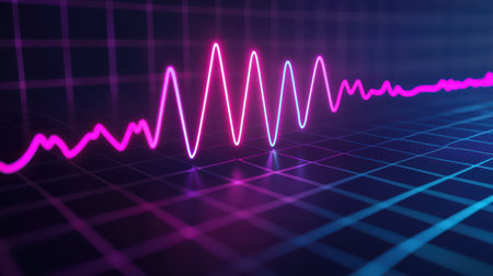 Vibrant and Dynamic Digital Waveform Representation in Neon Pink Against a Gradient Background for Technology and Science Conceptsの素材