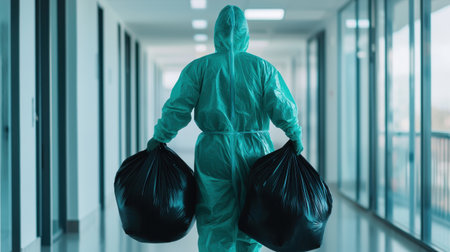 Person in Protective Gear Carrying Black Trash Bags in Modern Interior Hallway of a Clean Facilityの素材