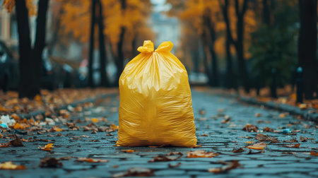Yellow garbage bag standing alone on a cobblestone street surrounded by autumn leaves under trees with vibrant fall colors in a serene urban settingの素材