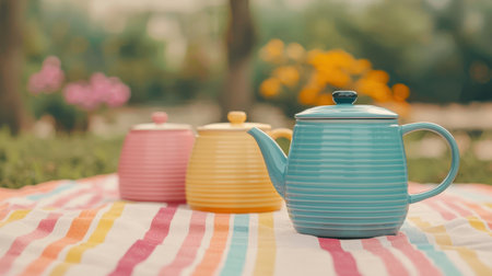 Colorful Tea Pots on a Striped Blanket Surrounded by Nature and Blooms in a Serene Outdoor Settingの素材