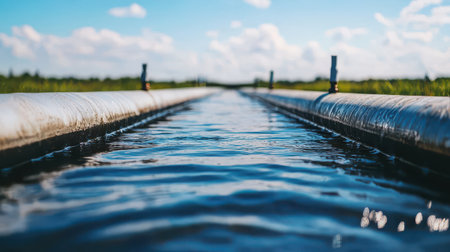 Serene Water Flow in Irrigation Pipe Under Bright Blue Sky Enhancing Agricultural Lands in Rural Setting with Vibrant Greenery on Sunny Dayの素材