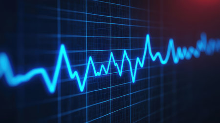 Abstract digital heartbeat line on a dark blue background with grid patterns, symbolizing healthcare technology and modern medical innovations in analysisの素材