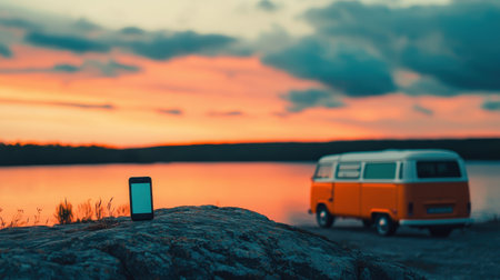 Scenic Sunset with Vintage Van and Smartphone on Rock Overlooking Tranquil Lake and Colorful Sky at Duskの素材