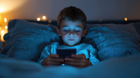Child Engaged with Smartphone in Cozy Bedroom at Night with Soft Lighting and Blanket Surrounded by Decorative Fairy Lightsの素材
