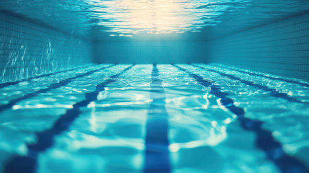 Calm Blue Water Surface in Swimming Pool with Soft Reflections and Light Patterns Illuminating the Clear Water for Relaxing Atmosphereの素材