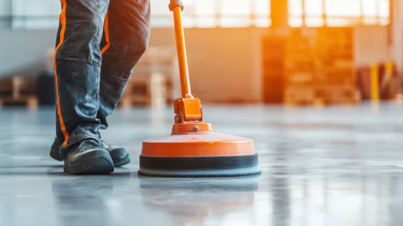 Professional worker using floor cleaning machine for maintenance in large warehouse space, bright sunlight illuminating clean industrial environmentの素材
