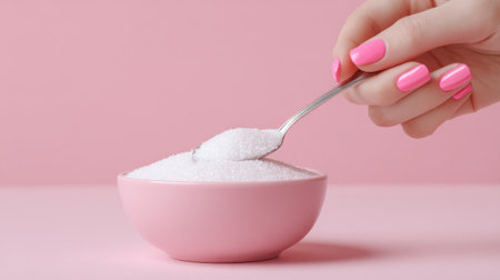 Hand with Pink Nails Holding Spoon of Sugar Above Bowl with White Granulated Sugar on Soft Pink Backgroundの素材