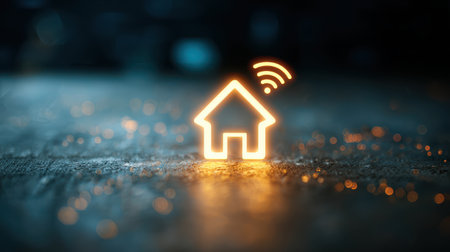 Digital Home Icon with Wi-Fi Signal Illuminated in Glow Effect on Dark Background, Representing Smart Home Technology Innovationの素材