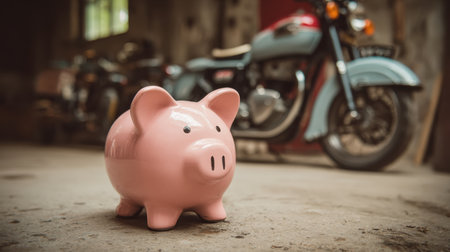 Charming Pink Piggy Bank on a Rustic Floor with Vintage Motorcycles in the Background, Perfect for Financial Savings and Budgeting Themesの素材