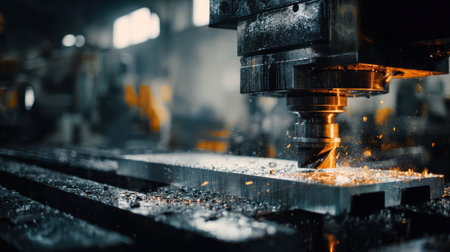 Precision milling machine cutting metal with sparks flying, showcasing the detailed process of metalworking in a manufacturing environmentの素材