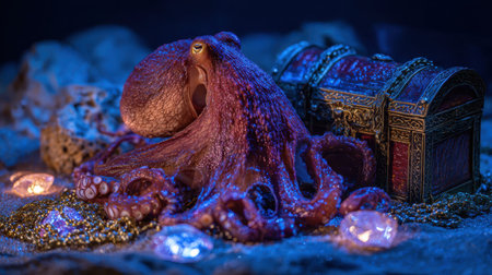Colorful octopus beside an ornate treasure chest surrounded by glowing gems and sandy ocean floor creating an enchanting underwater sceneの素材