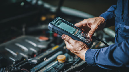 Mechanic Using Diagnostic Tool to Analyze Car Engine Performance in Auto Repair Shop with Focus on Vehicle Maintenance and Troubleshooting Issuesの素材