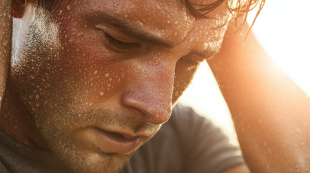 Close-Up Portrait of an Exhausted Athlete with Sweat on Skin in the Golden Hour Sunlight, Capturing Determination and Strain in Sports Endeavorsの素材