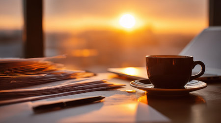 Morning sunlight streaming through a window highlighting a steaming cup of coffee beside a stack of papers and a pen in a cozy workspace settingの素材