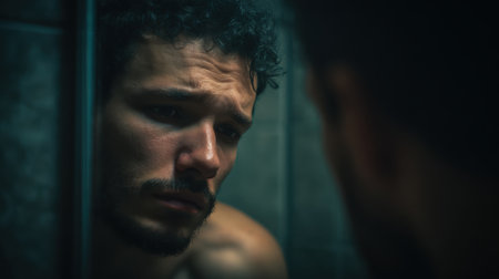 Emotional Portrait of a Man Reflecting in the Bathroom Mirror Capturing a Moment of Vulnerability and Introspection in Low Lightの素材