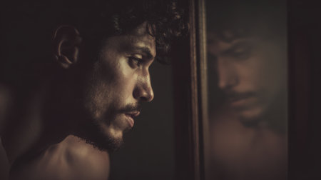 Introspective man gazes into a mirror, reflecting emotions and thoughts in a dimly lit room, showcasing human vulnerability and self-discoveryの素材
