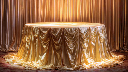 Elegant golden table draped in luxurious satin fabric under soft lighting creating a warm and inviting atmosphere for upscale events and celebrationsの素材