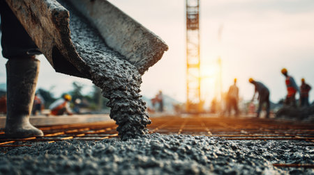 Construction site with workers pouring fresh concrete into formwork at sunset highlighting labor and teamwork in modern building development industryの素材