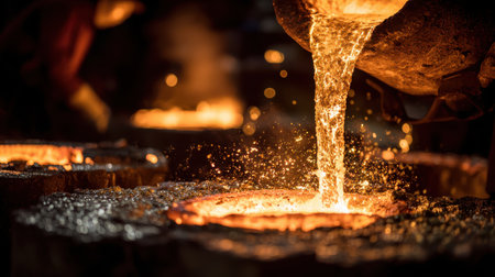 Molten Metal Being Poured in Foundry with Sparks and Glowing Cast Iron Surface, Showing Craftsmanship and Industrial Process in Hot Environmentの素材