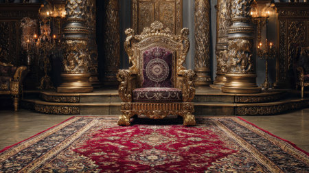 Majestic throne in an opulent room adorned with intricate golden details, luxurious fabrics, and elegant chandeliers for a royal atmosphereの素材
