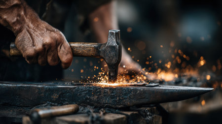 Intense close-up of a blacksmith crafting metal, hammering with precision on an anvil, creating sparks in a traditional workshop settingの素材
