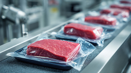 Freshly Packaged Red Meat on Conveyor Belt in Food Processing Facility for Quality Control and Packaging Productionの素材