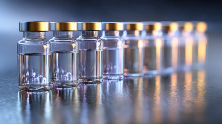 Clear glass vials filled with liquid lined up in a row, showcasing golden caps and reflecting light on a smooth surfaceの素材
